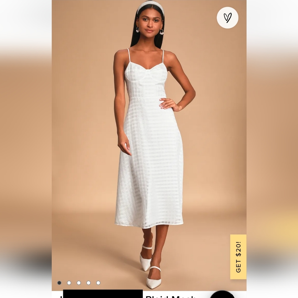 NWT Lulu's Holding On White Plaid Mesh Sleeveless Midi Dress